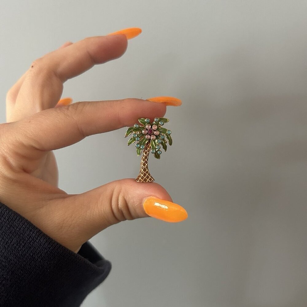 Nina Ricci NR Enamel Rhinestone Palm Tree Color Brooch Pin Signed Vintage